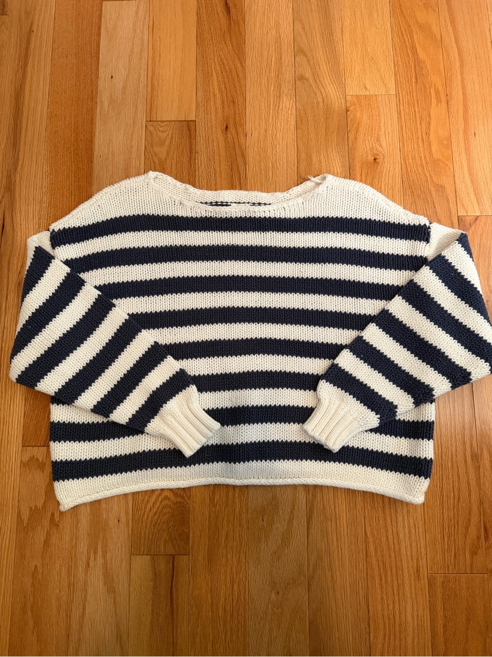 aerie Blue and Cream Striped Crewneck Sweater